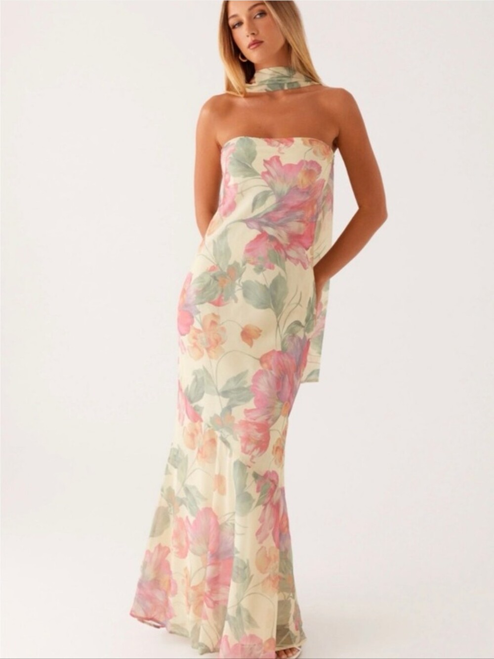 Peppermayo Strapless Floral Maxi Dress in Yellow and Pink